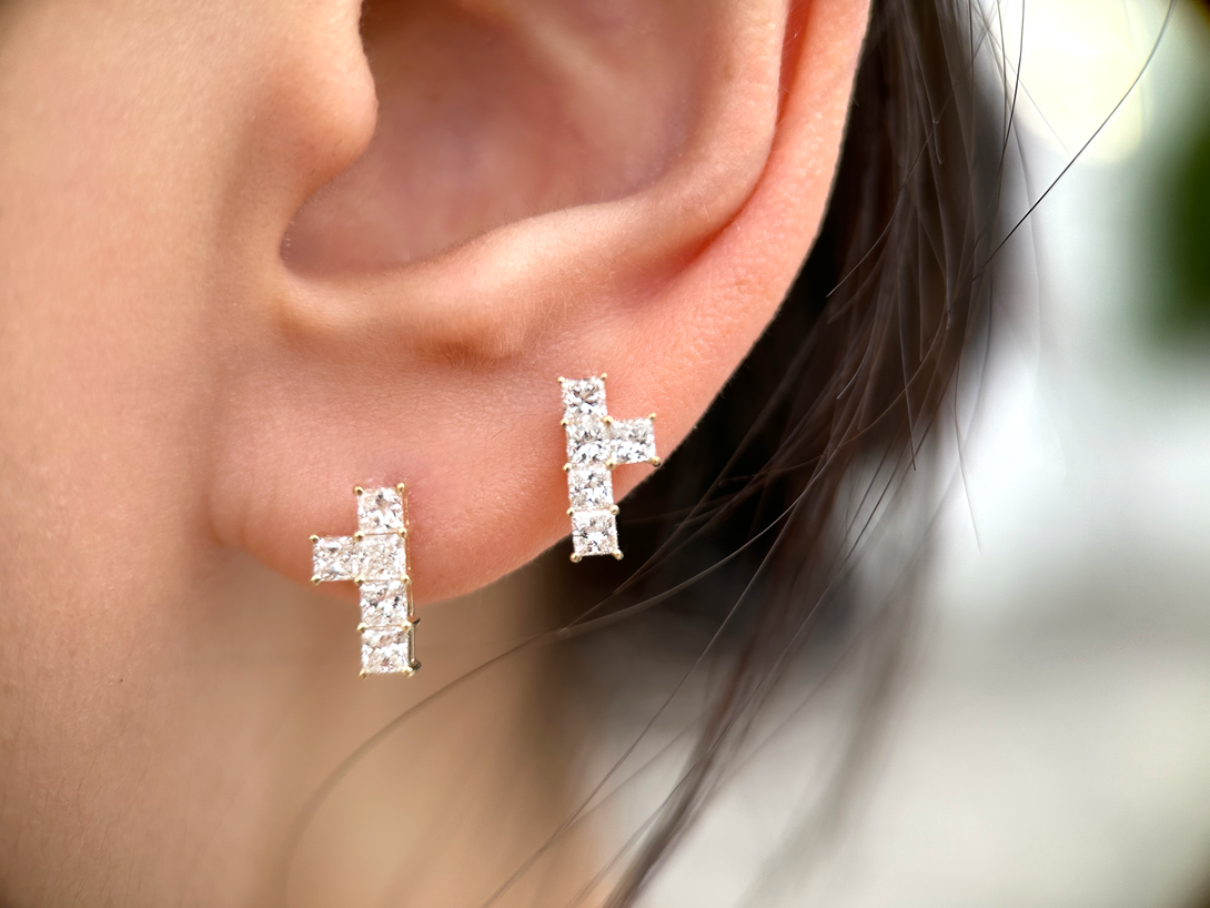 Amulet: Cross, Earrings, Lab-grown Diamond, White Gold, Princess Cut - Luslumin Jewelry