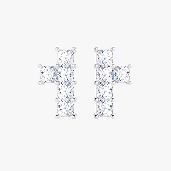 Amulet: Cross, Earrings, Lab-grown Diamond, White Gold, Princess Cut - Luslumin Jewelry