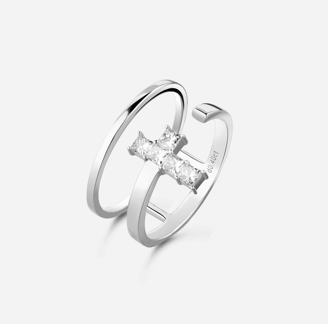 Amulet: Cross, Ring, Lab-grown Diamond, White Gold, Princess Cut - Luslumin Jewelry