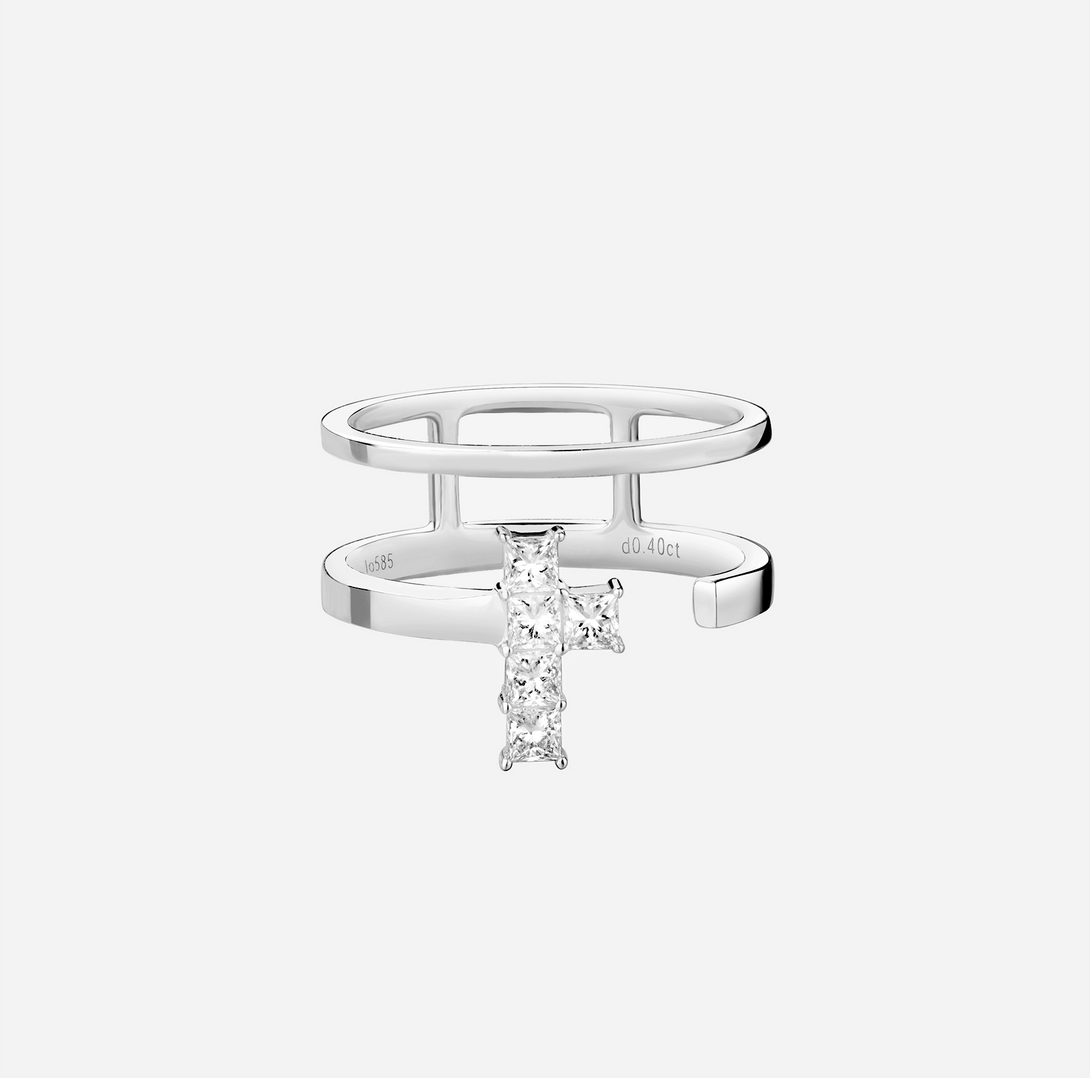 Amulet: Cross, Ring, Lab-grown Diamond, White Gold, Princess Cut - Luslumin Jewelry