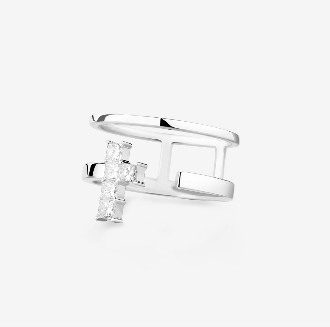 Amulet: Cross, Ring, Lab-grown Diamond, White Gold, Princess Cut - Luslumin Jewelry